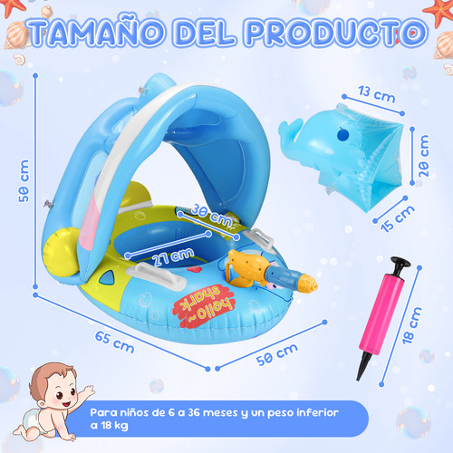 Flotador Salvavida Bebé Flotador de Piscina Niños Inflables Anillo De Natación Bandas del Brazo Inflables Pistola De Agua UPF50+ Toldo Solar Bomba Manual Juguete para Playa