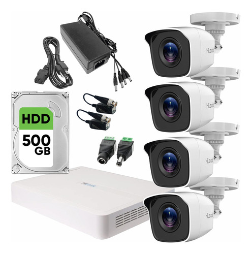 Hilook Kit De Video Vigilancia Turbo Hd 4 Cámaras Metálicas 720p + Disco Duro 500 Gb Cámaras De Seguridad De Alta Resolución Con Visión Nocturna Cctv