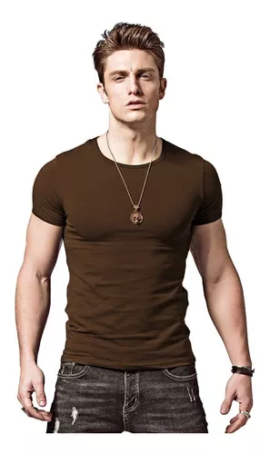 Camiseta Slim Fit Masculina Camisa Básica Blusa Lisa Marrom