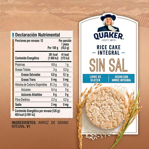 Quaker Rice Cake Integral Sin Sal 126g