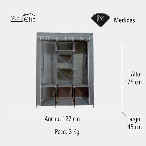 Imagen 2 de 5 de Closet Ropero Armable 1.75mts Gris Hogar Reforzado Stayelit