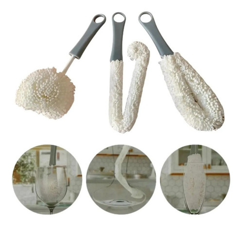 Kit 3 Esponjas Escovas De Lavar Louça Taças Garrafa Decanter