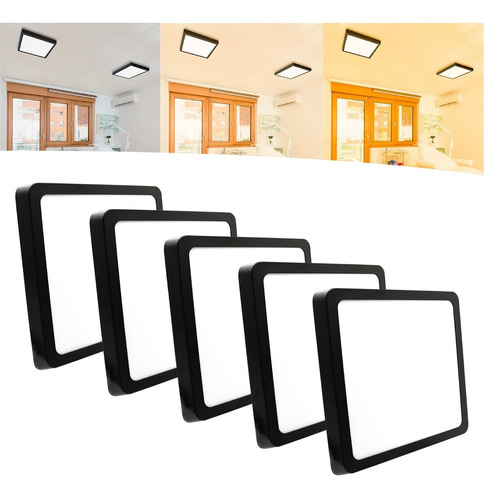 Kit 5 Painel Plafon Led 25w Sobrepor Quadrado Preto 21x21