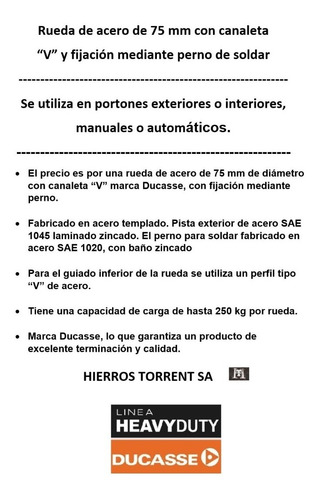 Rueda Acero Portón Corredizo 75 Mm Con Perno Ducasse 250 Kg