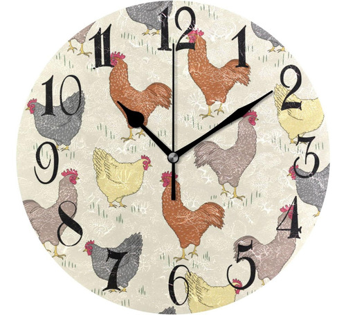 Rooster - Reloj De Pared Redondo Amarillo De Pollo, Sin Tict