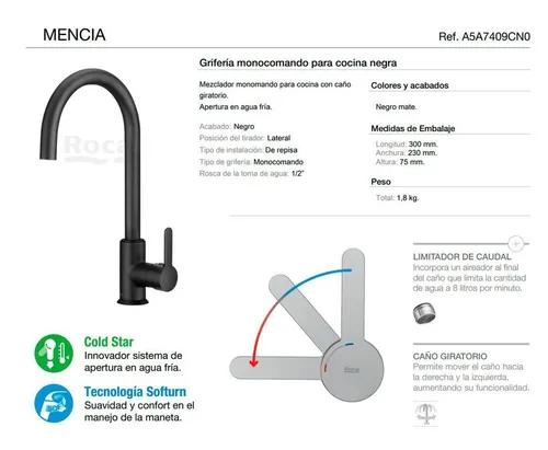 Griferia Monocomando Cocina Mencia Roca Negro Mate
