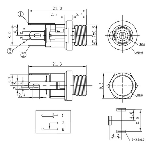 10 Unidades Ficha Jack Hueco 5.5x2.1mm Chasis Metal C/corte