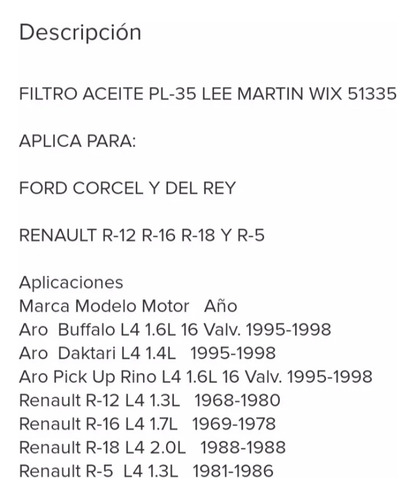 Filtro Aceite Pl 35 Renault 5 12 16 18 Ford Corcel Del Rey