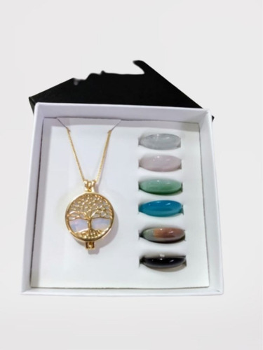 Colar Relicário Árvore Da Vida Ouro Opalina + 6 Pedras