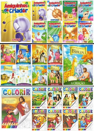 Kit Com 24 Livros Bíblicos Infantil  16 P/ Ler E 8 P/ Pintar