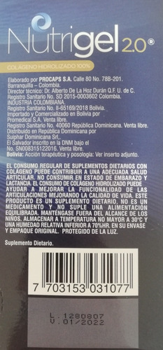 Dos Cajas Nutrigel 2.0 Colágeno Hi - Unidad a $150