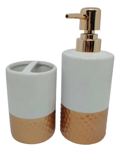 Kit Banheiro Lavabo Em Cerâmica Branco E Dourado 2 Peças