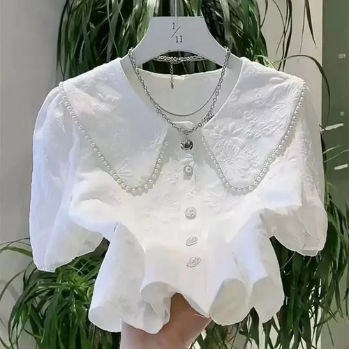 Blusa De Tweed De Manga Corta Con Cuello Peter Pan Para Muje