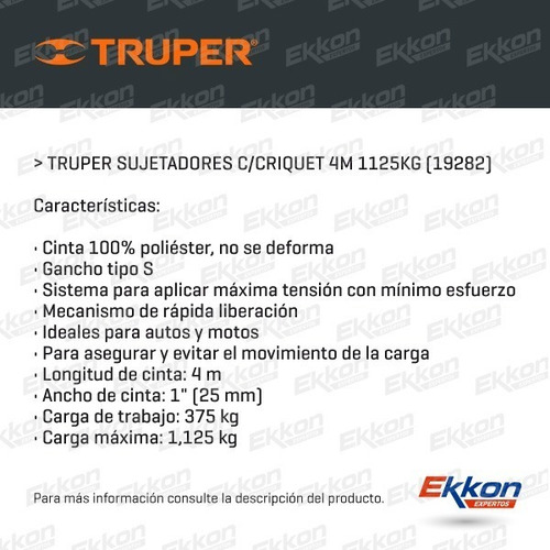 Imagen 2 de 8 de Par De Cintas De Amarre Zuncho Truper C Crique 4 Mts 1125 Kg