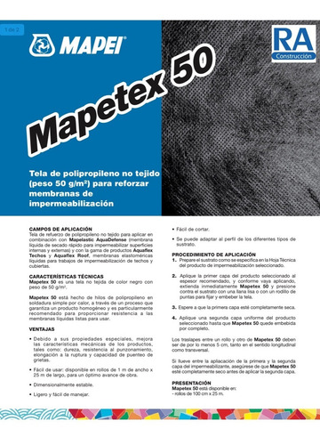 Mapei Mapetex 50 Tela De Refuerzo Para Impermeabilizar Techo