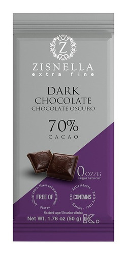 Imagen 2 de 2 de Zisnella Chocolate Oscuro Sin Azúcar 70% Cacao, 12 Unid 50gr