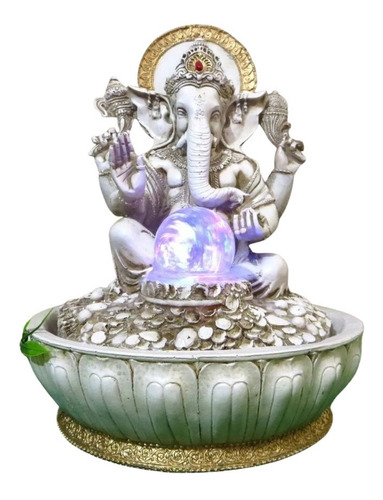 Fonte Água Ganesha Elefante Marfim Com Esfera Giratória  Luz