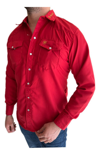 Camisa Hombre Manga Larga Ariat Bordada Lisa Premium Roja