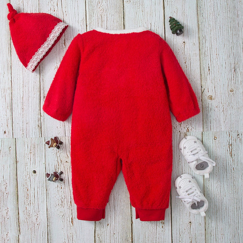 Conjunto De Mameluco Grueso Para Bebé Con Gorro Y Encaje Rojo 3-6 M