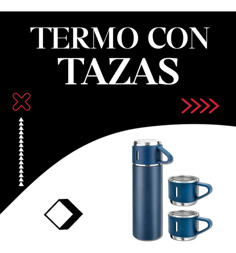 Termo Bebidas Frias Y Caliente + 3 Tazas En Acero Inoxidable Azul