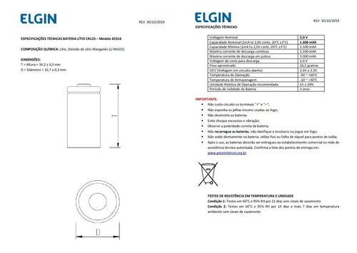 Imagem 3 de 6 de 01 Pilha Cr123a 3v Lithium Elgin - 01 Cartela Com 1 Unidade