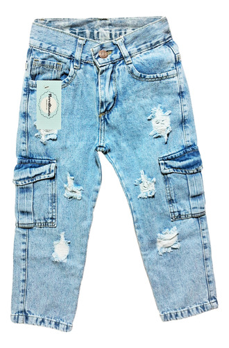 Pantalón Jean Mom Cargo Con Roturas Para Niño