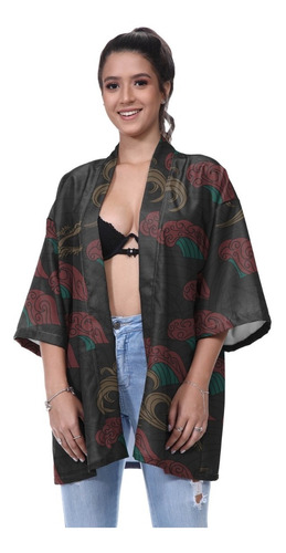 Kimono Haori Casaco Ondas Oni Cisne Floral Japão Onda Mar