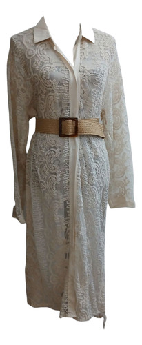 Vestido Largo Camisero Kimono De Tul Bordado