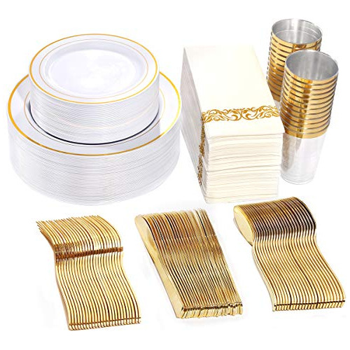 50 Guest Gold Plastic Plates With Disposable Cutlery& G...