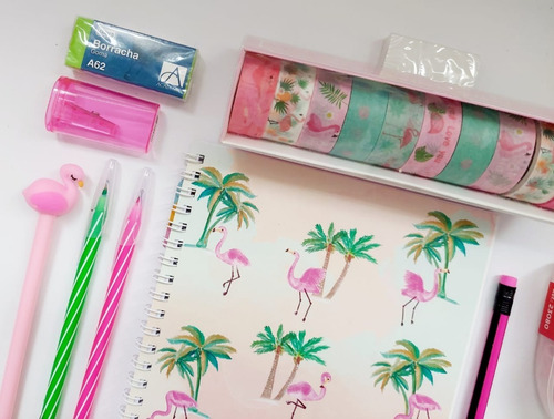 Kit Papelaria Flamingo Caderno Canetas Clips Washi Tape Etc