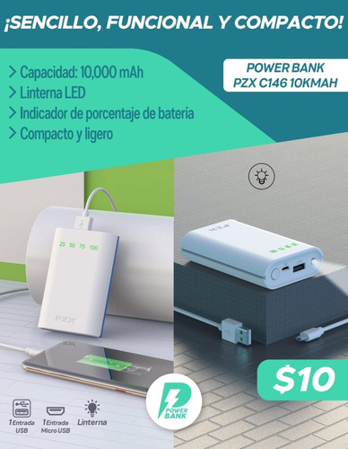 Power Bank 10.000 Mah Linterna Led Compacto Y Ligero
