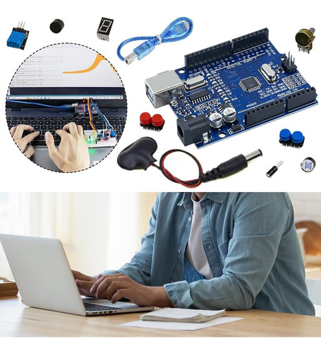Kit Arduino Uno R3 Iniciante Com Protoboard E Cabos