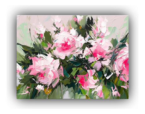 65x50cm Cuadro Flores Lienzo Verde Rosa Decoración Arte Fin