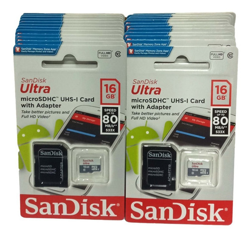 Memoria 16gb 16 Gb Sandisk Clase 10 Orginal Caja 25 Unidades