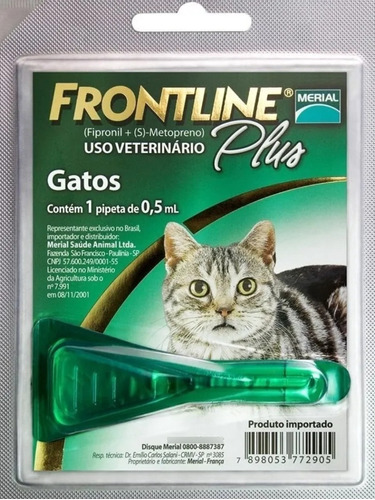 Pipeta antiparasitário para carraptos Merial Frontline Plus PULGAS Y GARRAPATAS para gato