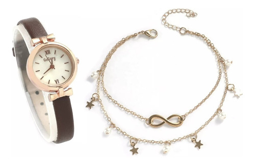 Relógio Feminino Dourado Pulseira Em Couro Pequeno Kit Joias Cor da correia Marrom-escuro e Preto Cor do fundo Branco