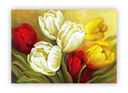 Cuadro sobre lienzo con rosas y flores de colores, marco 100x50
