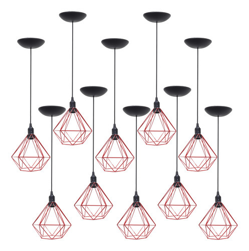 10 Pendente Aramado Diamante Retrô Vinta Industrial Vermelho