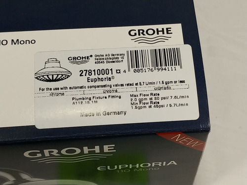 Grohe 27810001 Chrome Euphoria 2.0 Gpm Single Function S Cch