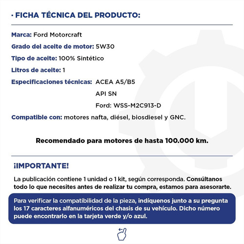 Aceite Ford Motorcraft 5w30 100% Sintético X 1 Lt