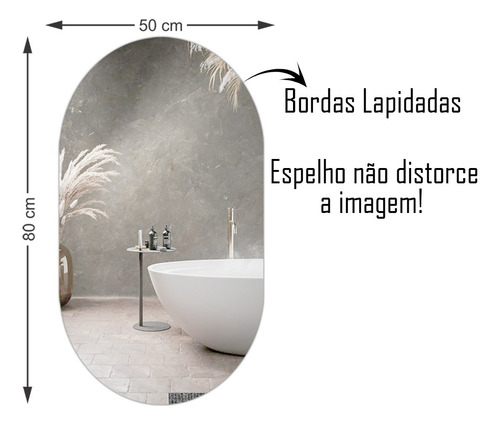 Espelho Oval Lapidado Decorativo Sala Banheiro Quarto 80x50 Moldura Sem moldura