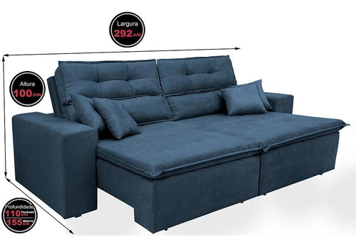 Sofá Cairo 2,92m Retrátil, Reclinável Tecido Suede Azul Cama inBox