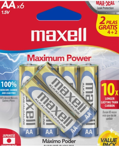 Pack Pilas Baterias Alcalina Aa Maxell 8+4 Total 12 Unidades