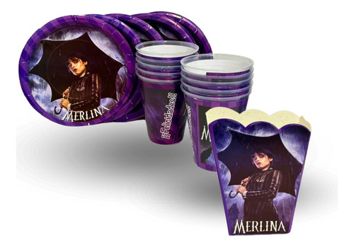 Kit Platos, Vasos Y Palomeros Para 10 Invitados Personajes Merlina