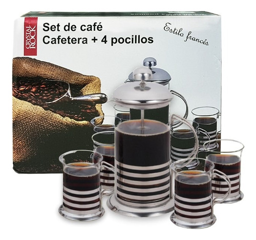 Set Cafetera 600ml + 4 Jarros 200ml Crystal Rock