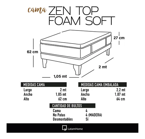 Cama Europea Zen Top Foam Soft Tela Velvet 1.5 Plazas