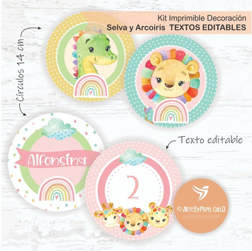 Imagen 3 de 5 de Kit Imprimible Cumple Candybar Animales Nena Texto Editable