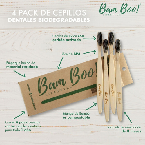 Imagen 2 de 5 de 4 Pack Cepillo Dental Biodegradable Bamboo Carbon Activado