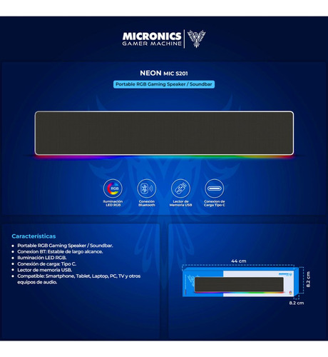 Parlante Bluetooth Neon Mic S201 Portátil Luces Led Rgb