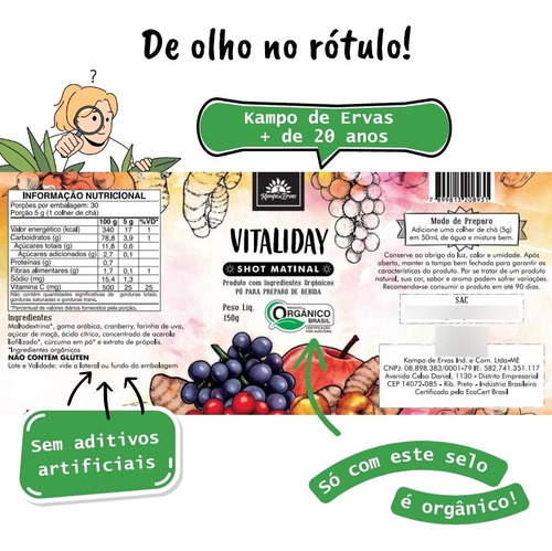Shot Matinal Orgânic Cúrcum Cranbery Própolis Vitaliday 150g